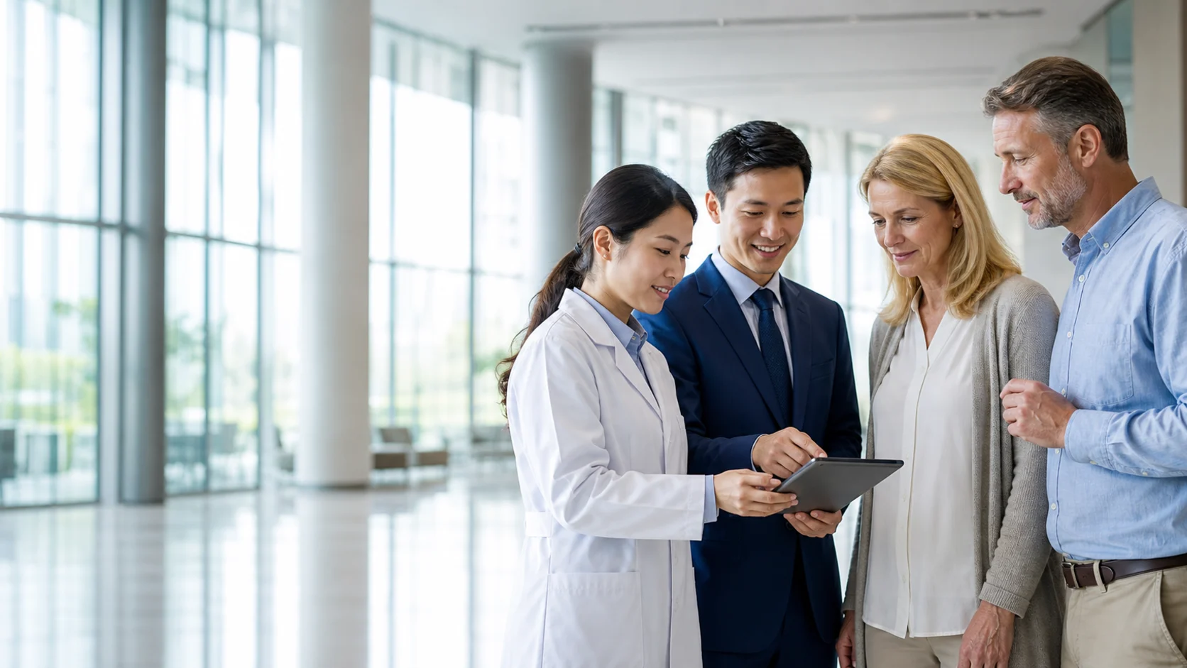 International patients discussing a care plan with a Chinese doctor and patient coordinator