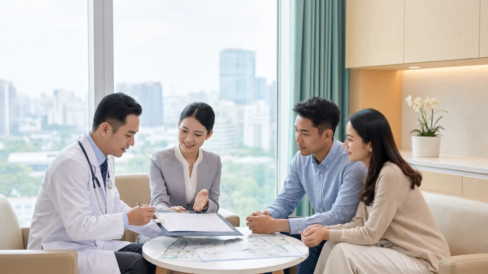 International patients reviewing a medical planning checklist with a Chinese patient coordinator